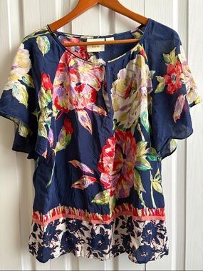 Maeve Anthropologie Navy Floral Flutter-Sleeve Silk Blouse Size 12